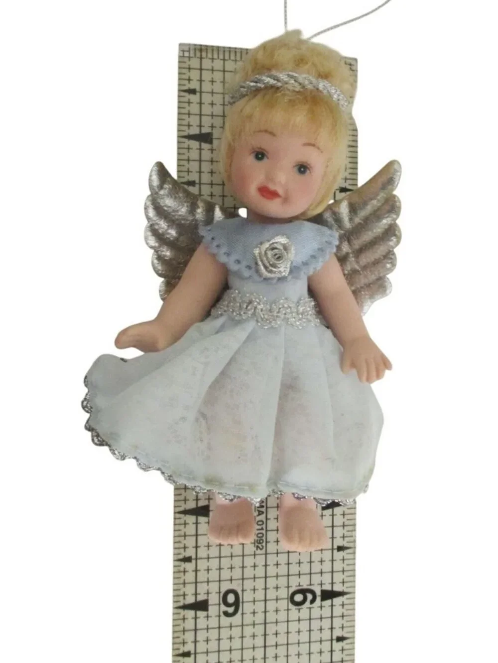 Vintage Angel Porcelain Doll Christmas Ornament Silver Wings Blue Dress 5